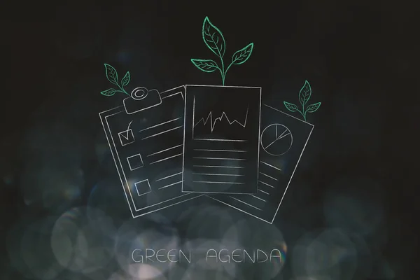 Green Economy Conceptual Illustration Green Agenda Documents Leaves Growing Out — Stock Photo, Image