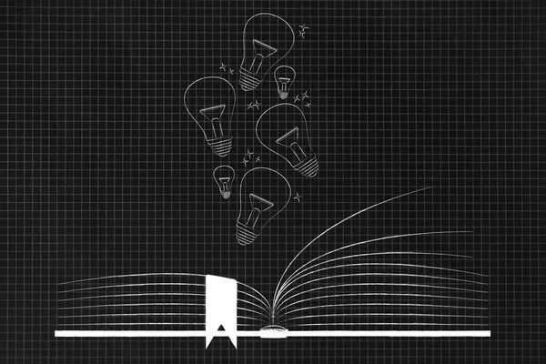 Onderwijs Kennis Conceptuele Afbeelding Open Boek Met Ideeën Lightbulbs Vliegen — Stockfoto