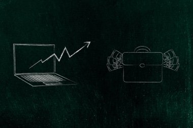 kavramsal illüstrasyon online ticaret: pozitif istatistikleri ekranın dışına sonraki para çantası için haşhaş ile dizüstü bilgisayar