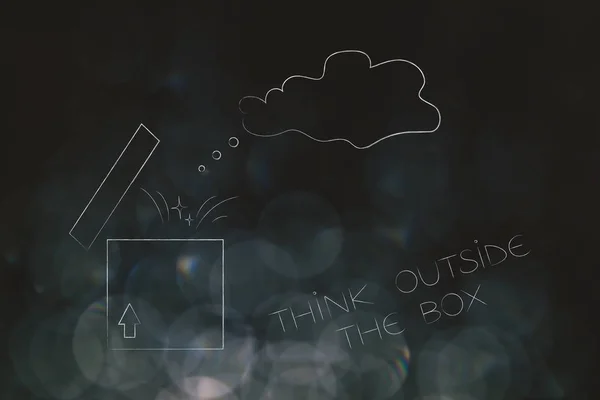 think outside the box conceptual illustration: thought bubble breaking free from open parcel