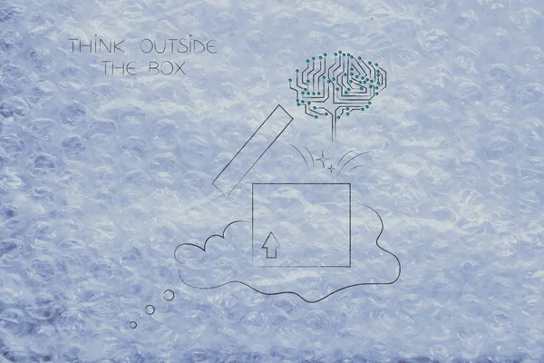 Think Box Conceptual Illustration Thought Bubble Open Parcel Circuit Brain — Stock Photo, Image