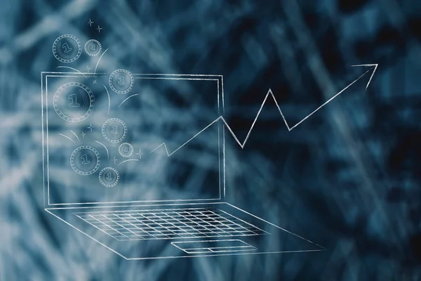オンライン取引概念図 ノート パソコン画面との外に飛んでコインから飛び出し 正の統計情報 — ストック写真