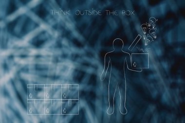 düşünme kutusu kavramsal çizimi dışında: kutuları ve yanlarında bir aç kutusunun dışarı haşhaş fikirlerle tutan adam yığını