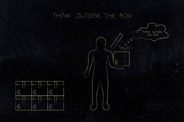 düşünme kutusu kavramsal çizimi dışında: parsel ve yanlarında düşünce balonu dışarı haşhaş ile bir açık kutu tutan adam yığını
