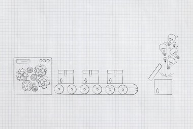 düşünme kutusu kavramsal çizimi dışında: fabrika üreten makine mühürlü parsel ve tek bir açık dışarı haşhaş fikirler