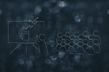 düşünme kutusu kavramsal çizimi dışında: öğretmen blackboard tasarımı Açık kutusunu öğrenciler veya izleyici önünde açıklama yazılı