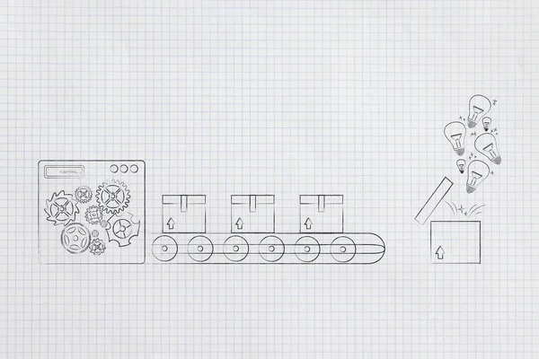 Tænke Uden Boksen Konceptuel Illustration Fabrikken Maskine Producerer Forseglet Parcel - Stock-foto