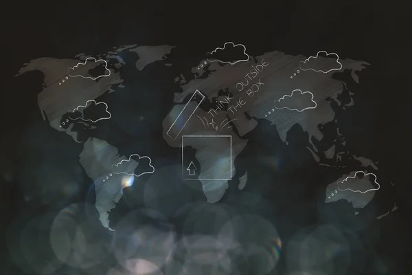 Подумайте Межами Коробки Концептуальна Ілюстрація Карта Світу Бульбашками Думок Одна — стокове фото