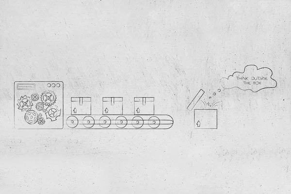 Düşünme Kutusu Kavramsal Çizimi Dışında Fabrika Üreten Makine Mühürlü Parsel — Stok fotoğraf