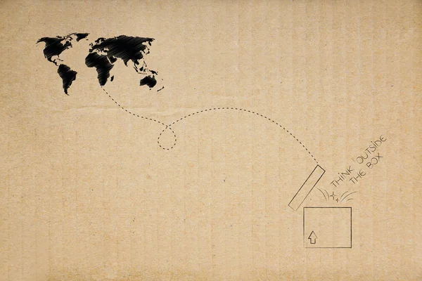 ボックスの概念図の外側を考える キャプションが飛び出るとボックスを開くには矢印と世界地図 — ストック写真