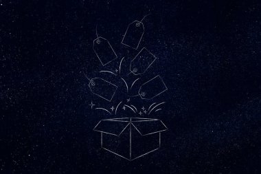 siyah Cuma ve cyber Pazartesi kavramı: açık parsel ile fiyat tags üstünde uçan