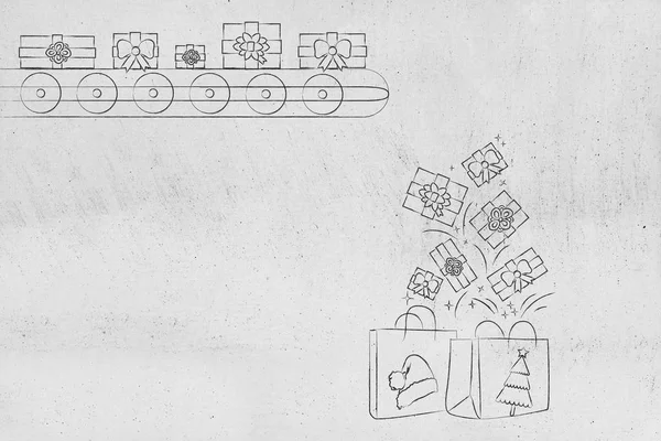 Покупка Подарков Рекламной Концепции Подарки Производственной Линии Попадают Рождественские Сумки — стоковое фото