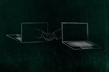 bilgi teknolojisi kavramsal çizimi: dizüstü bilgisayarlar ön ve aralarında simgesini geri ile el sallamak