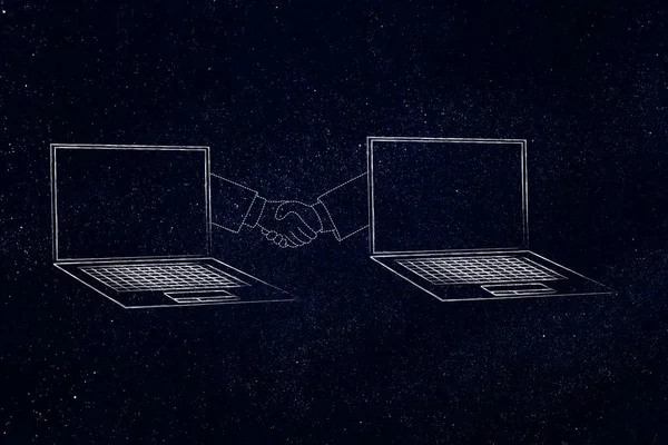 information technology conceptual illustration: laptops with hand shake icon in between them