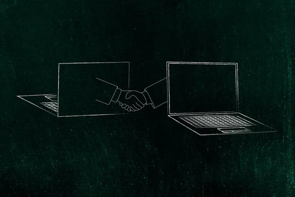 information technology conceptual illustration: laptops front and back with hand shake icon in between them