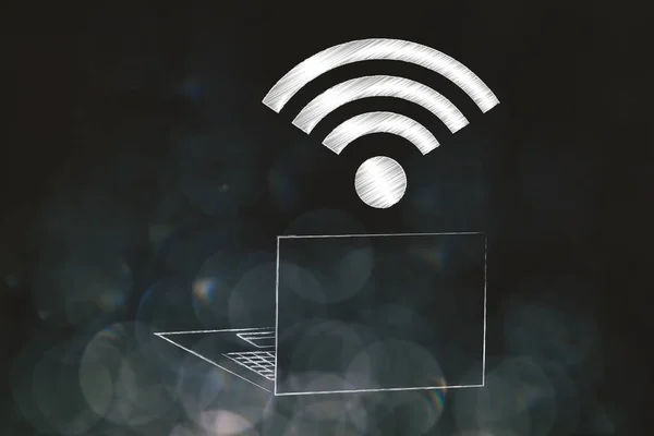 information technology conceptual illustration: laptop with wifi logo above the screen