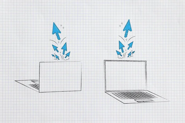 Ilustração Conceitual Tecnologia Informação Laptops Frente Verso Com Fluxo Cliques — Fotografia de Stock