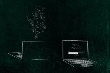 teknoloji cihazlar illüstrasyon: dizüstü bilgisayarlar ön ve arka ışık Ampüller dışarı haşhaş ile ve yanındaki ekrandaki yükleme fikirler mesaj