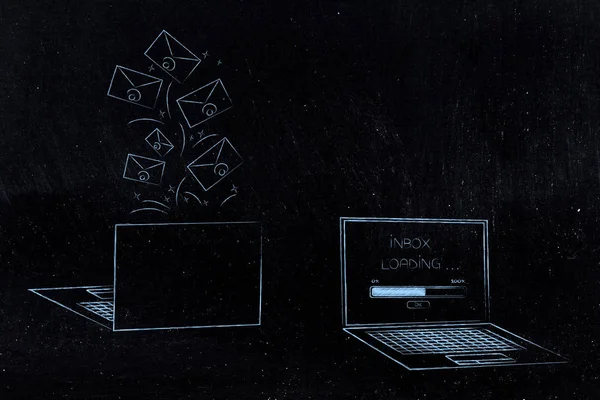 Ілюстрація Технологічних Пристроїв Ноутбуки Спереду Ззаду Електронними Листами Виходять Нього — стокове фото
