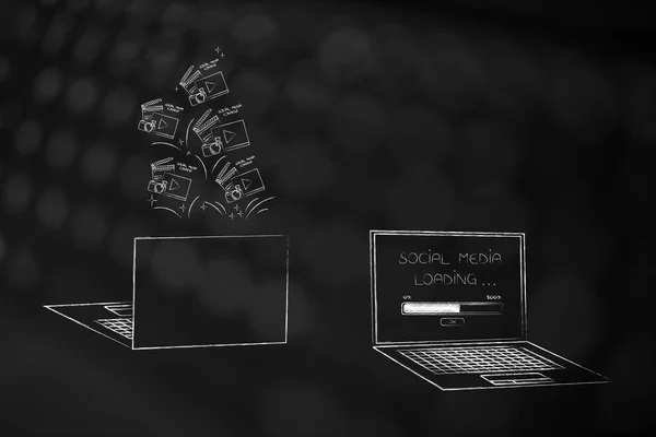 technology devices illustration: laptops front and back with digital content icons popping out of it and message Social Media loading on the screen next to it