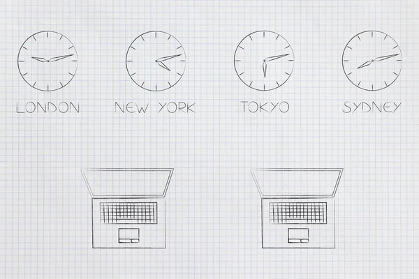 technology devices illustration: laptops and clocks with different time zones above