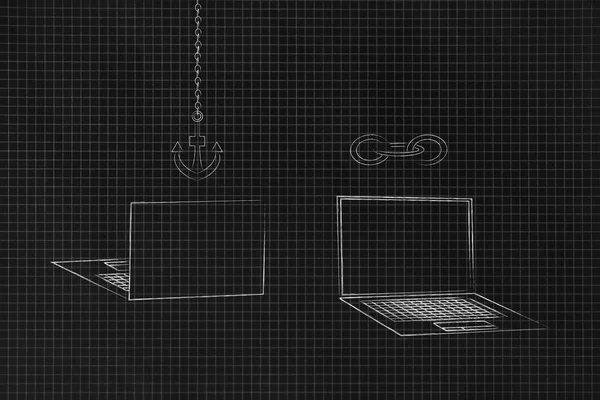 technology devices illustration: laptops front and back with link and anchor icons above them metaphor of web functions