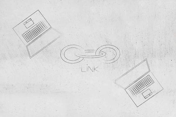 technology devices illustration: laptops in opposite orientations with link chain icon in between them metaphor or internet function