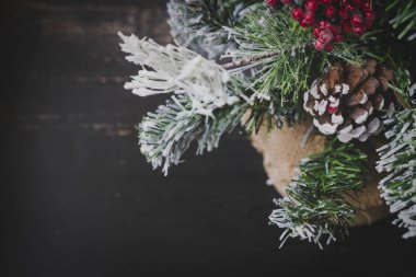 kar ökseotu ve çam ile küçük Noel ağacının ayrıntı koni süslemeleri, rahat hissediyor şenlikli kış tatili