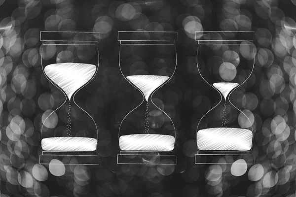 Час Минає Концептуальною Ілюстрацією Три Годинники Від Майже Порожніх Майже — стокове фото