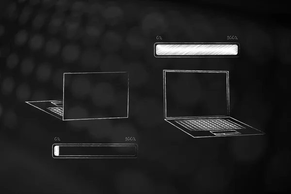 loading time conceptual illustration: progress bar from zero to 100 per cent and laptops front and back view