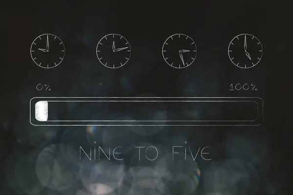 nine to five jobs and lifestyle conceptual illustration: group of clocks with working hours passying by and progress bar below