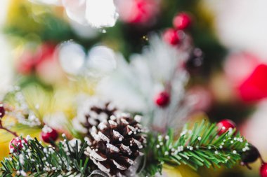 Noel çam koni ve ökseotu bezemeli bokeh arka xmas ağacı alan sığ derinlikte vurdu