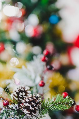 Noel çam koni ve ökseotu bezemeli bokeh arka xmas ağacı alan sığ derinlikte vurdu