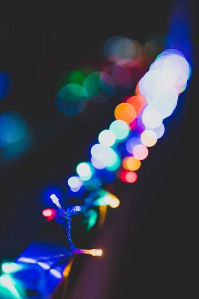 String Multicolored Fairy Lights House Terrace Bokeh Effect Other Street — Stock Photo, Image