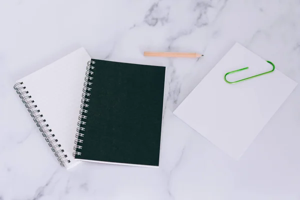 Flatlay Mini Spiral Notebooks Marble Desk Shot Top Perspective — Stock Photo, Image