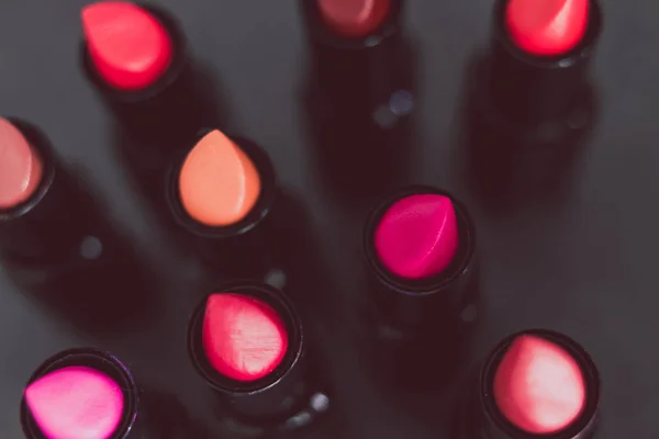 Grupo Lápiz Labial Rojo Rosado Desnudo Con Diferentes Colores Texturas — Foto de Stock