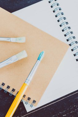 boş sayfaları ve boşaltmak, yaratıcılık ve ilham kavramı ile bloknot ve suluboya fırça ile Danışma