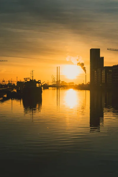 Gold toned sunrise over Dublin Bay and the docklands with citysc — Stock Photo, Image