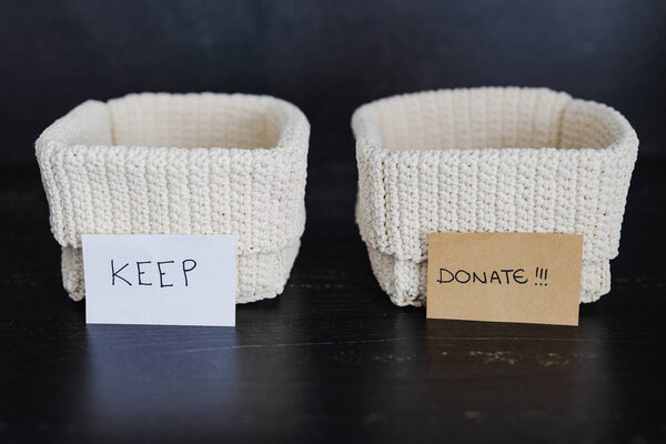 storage baskets to divide items to keep from those to declutter 