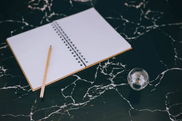 Żarówka pomysł i pusty Notebook pisać przyszłe cele i plan — Zdjęcie stockowe