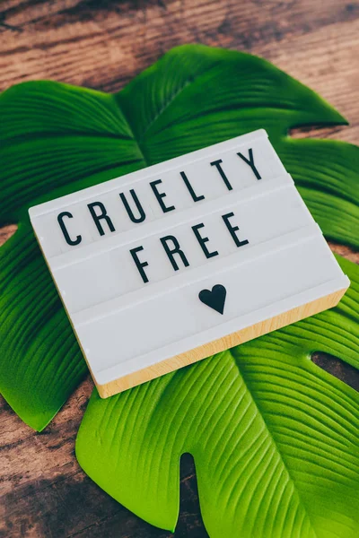 Cruelty free message on lightbox with leaf and wood, concept of — Stock Photo, Image