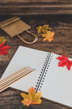 renkli kalemler notepa ile okul masa düzeni geri