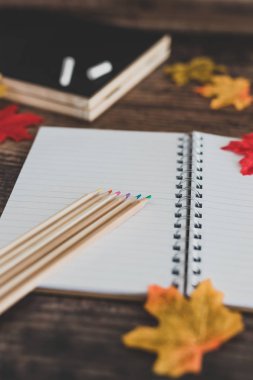 renkli kalemler notepa ile okul masa düzeni geri