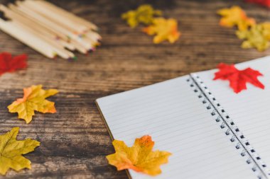 renkli kalemler notepa ile okul masa düzeni geri