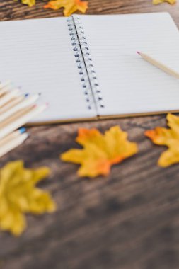 renkli kalemler notepa ile okul masa düzeni geri