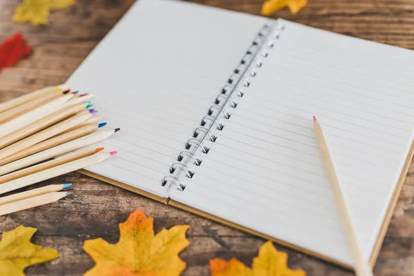 renkli kalemler notepa ile okul masa düzeni geri