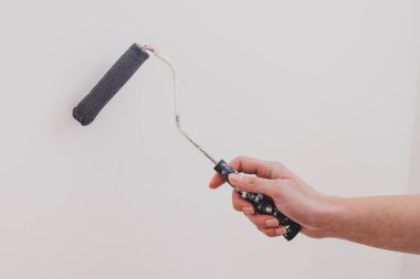 koyu sessiz mavi sesi ile paintbrush rulo tutan kadın eli