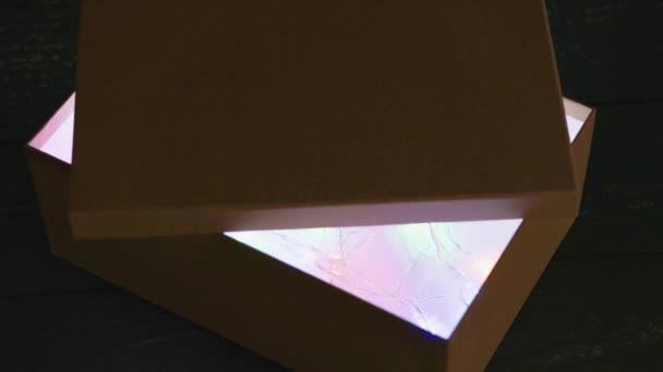Woman Opening Mystery Box Dark Revealing Bright Light Coming Metaphor — Stock Video