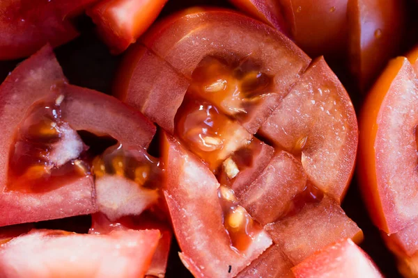 Alimentos Saludables Base Plantas Primer Plano Tomates Picados Tablas Cortar — Foto de Stock