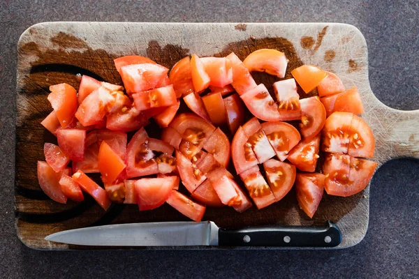 Alimentos Saludables Base Plantas Primer Plano Tomates Picados Tablas Cortar — Foto de Stock